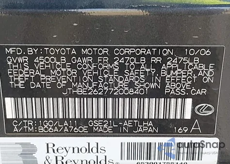 2007 Lexus Is 350 from USA, damaged, VIN JTHBE262772008401